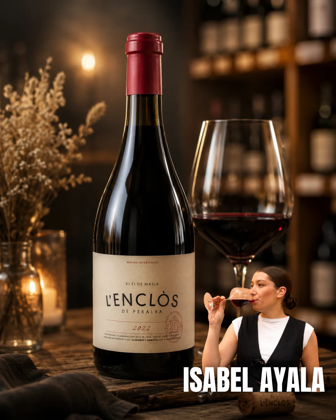 Botella de L'Enclòs de Peralba 2022 de mínima intervención en una mesa rústica junto a la sumiller Isabel Ayala